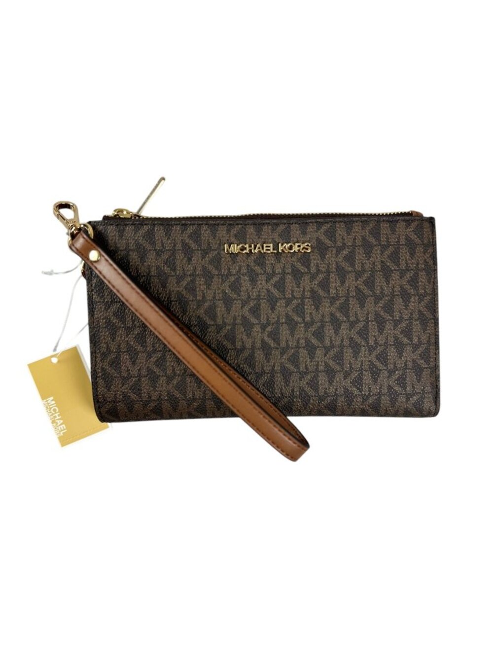 NWT MICHAEL KORS Jet Set Travel Smartphone MK Brown Double Zip Wallet Wristlet